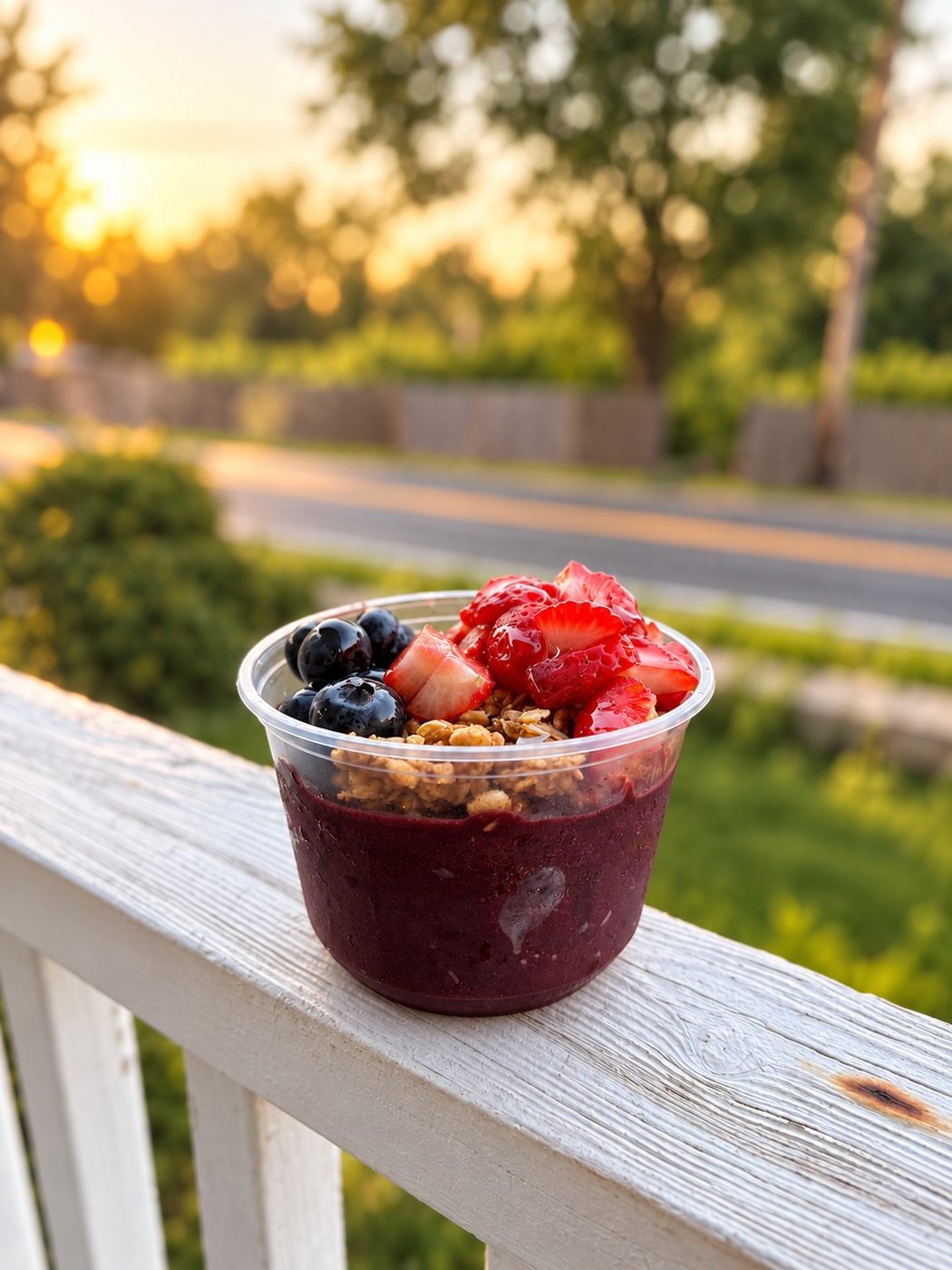 Top view of açaí with blueberries, granola and drizzle